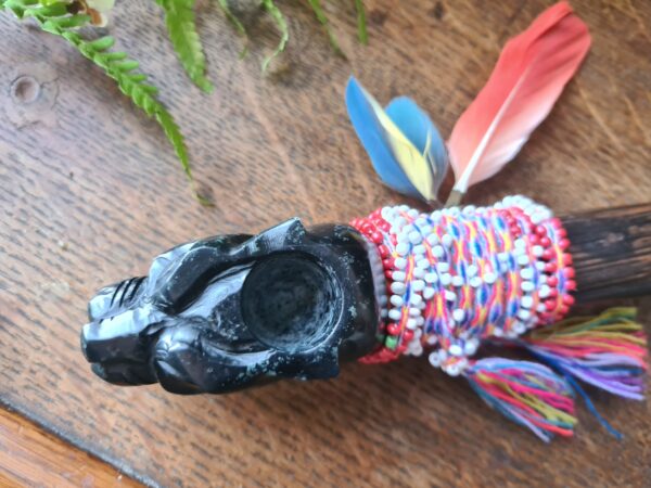 Reserved! Serpentine stone Jaguar carved pipe with Chonta wood Machu Picchu stone traditional style ceremonial - Image 5