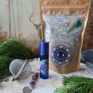 Visionary herbal tea and oil roller set with an Amethyst crystal infuser sleep well lucid dreaming oil