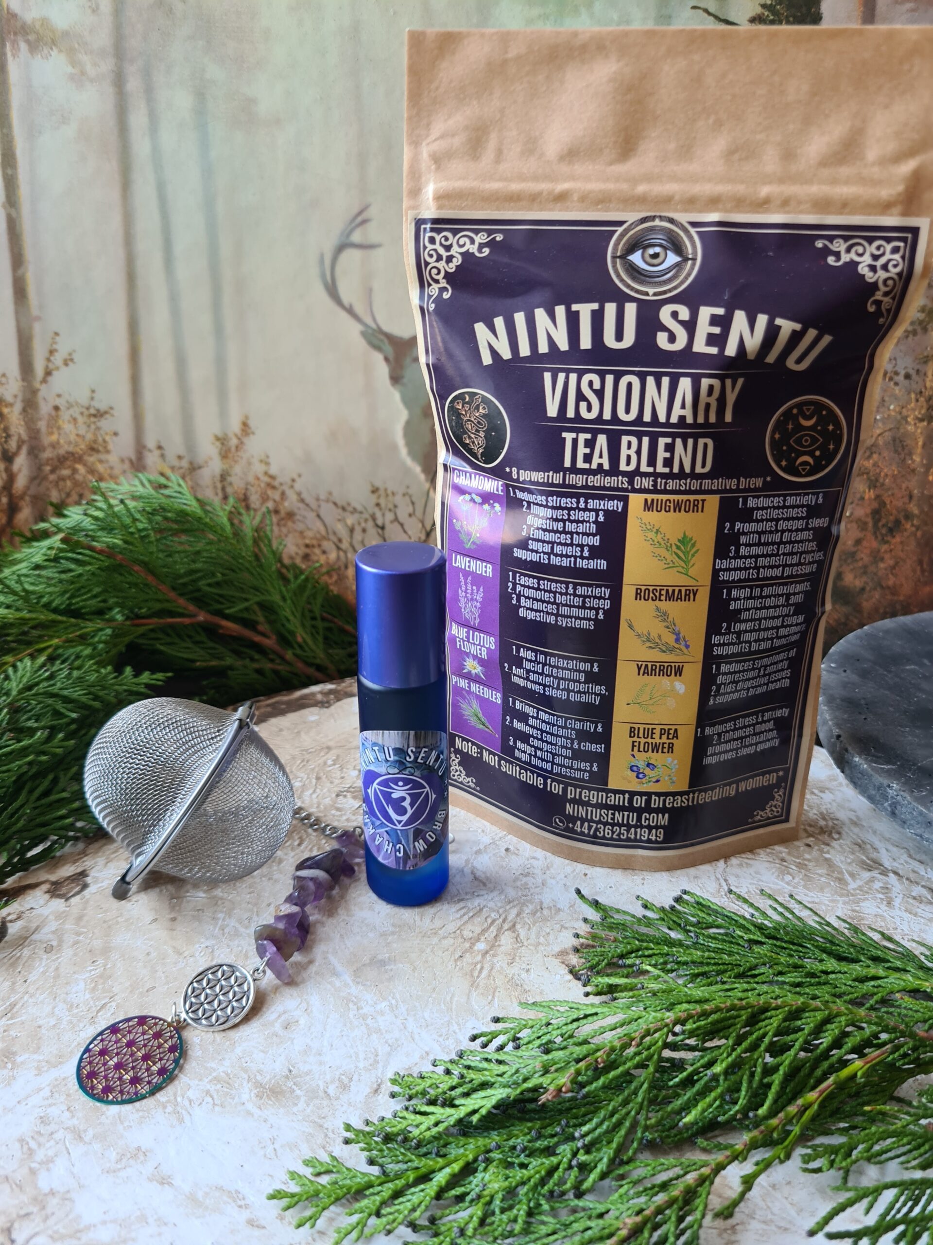 Visionary herbal tea and oil roller set with an Amethyst crystal infuser sleep well lucid dreaming oil - Image 2