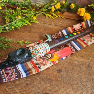 Serpentine stone Eagle carved pipe with Chonta wood Machu Picchu stone traditional style ceremonial chakra rainbow