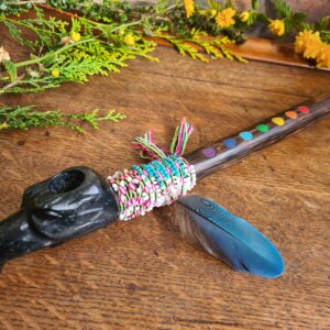 Serpentine stone Eagle carved pipe with Chonta wood Machu Picchu stone traditional style ceremonial chakra rainbow