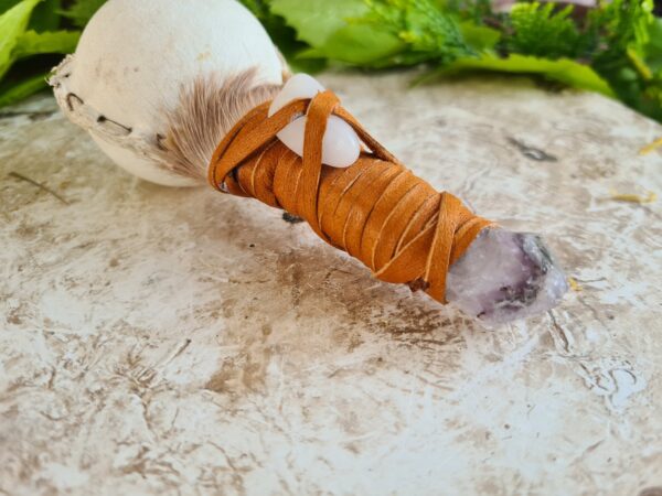 Shamanic Amethyst crystal handle rattle with Quartz crystal - Image 2