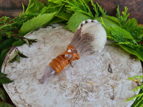 Shamanic Amethyst crystal handle rattle with Quartz crystal - Image 2