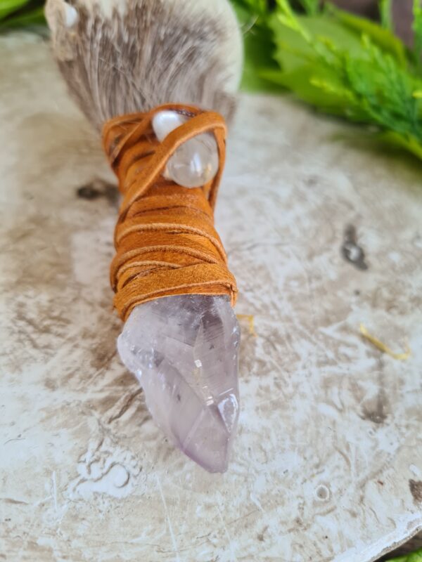 Shamanic Amethyst crystal handle rattle with Quartz crystal - Image 6