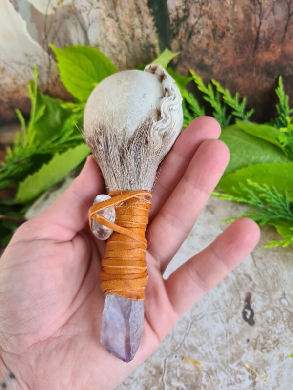 Shamanic Amethyst crystal handle rattle with Quartz crystal - Image 3
