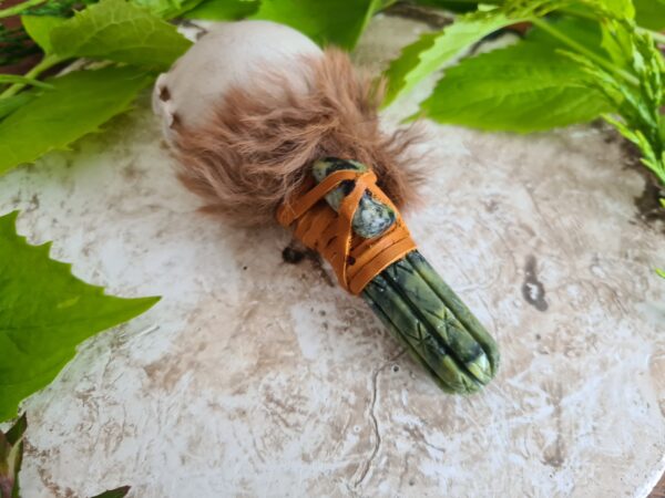 Shamanic Serpentine stone Huachuma cactus carved handle rattle
