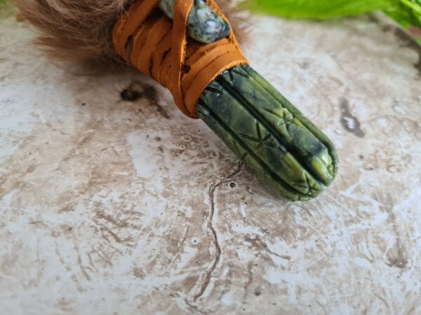 Shamanic Serpentine stone Huachuma cactus carved handle rattle - Image 2