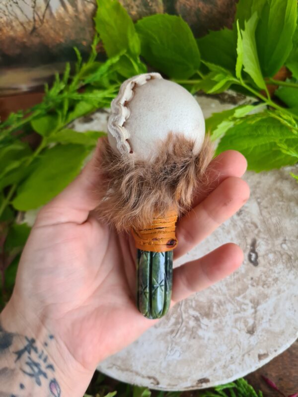 Shamanic Serpentine stone Huachuma cactus carved handle rattle - Image 4