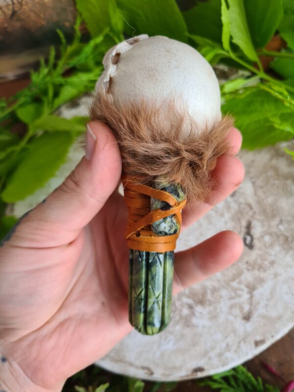 Shamanic Serpentine stone Huachuma cactus carved handle rattle - Image 3