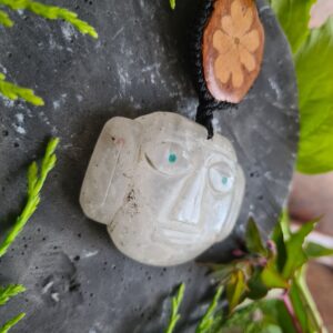 Quartz crystal Spirit of the vine ancestors face necklace with Ayahuasca slice
