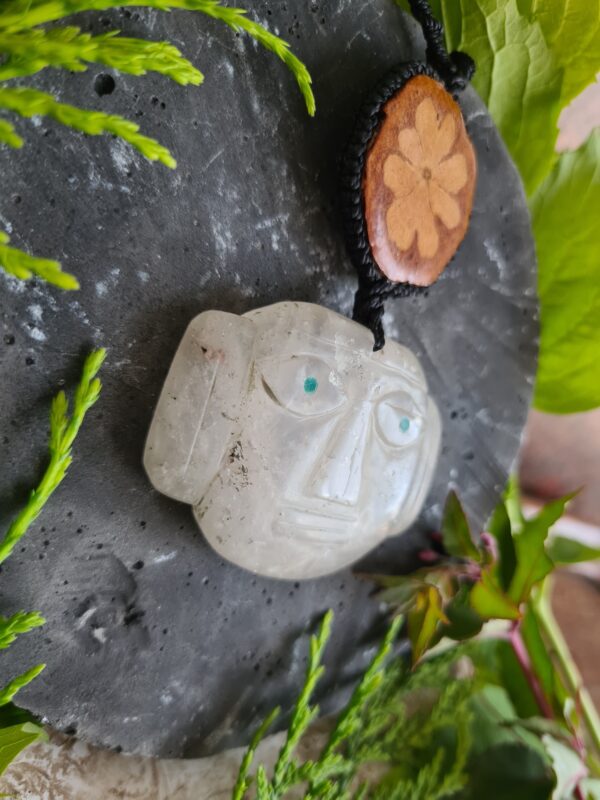 Quartz crystal Spirit of the vine ancestors face necklace with Ayahuasca slice