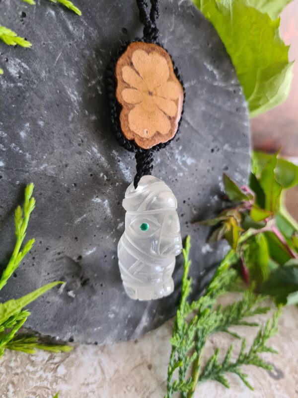 Quartz crystal Spirit of the vine ancestors face necklace with Ayahuasca slice