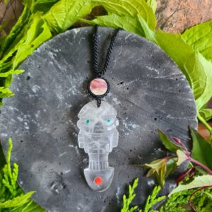 Quartz crystal Tumi carving necklace with Rhodonite stone bead