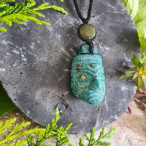 Chrysocolla turquoise ancestors face necklace with Serpentine stone