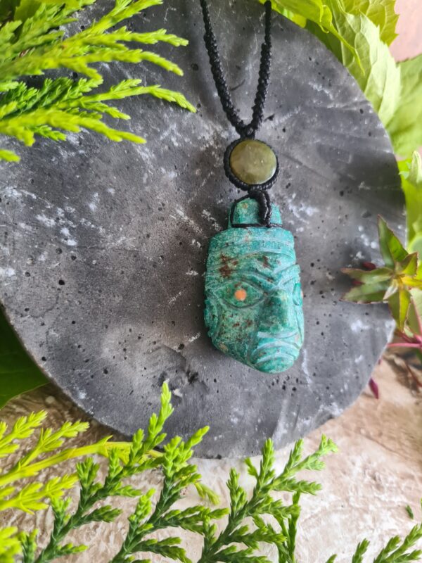 Chrysocolla turquoise ancestors face necklace with Serpentine stone