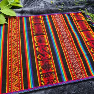 Traditional Andian print orange rainbow woollen fabric altar ceremonial space