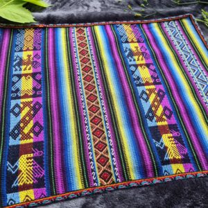 Traditional Andian print purple yellow woollen fabric altar ceremonial space
