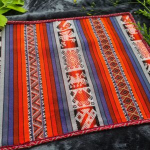 Traditional Andian print red blue woollen fabric altar ceremonial space
