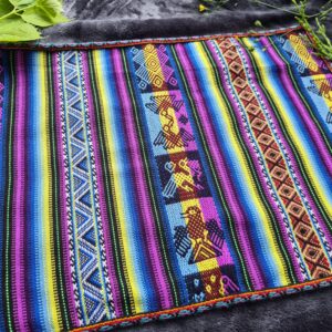 Traditional Andian print blue purple woollen fabric altar ceremonial space