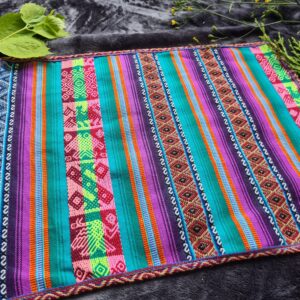 Traditional Andian print purple rainbow woollen fabric altar ceremonial space