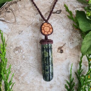 Huachuma San Pedro Cactus serpentine stone carved necklace with Ayahuasca slice