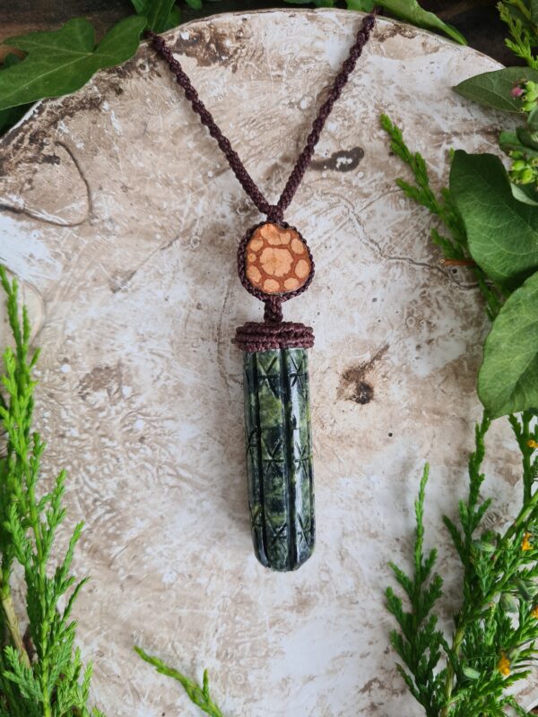 Huachuma San Pedro Cactus serpentine stone carved necklace with Ayahuasca slice