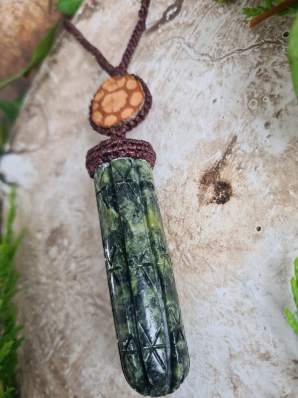 Huachuma San Pedro Cactus serpentine stone carved necklace with Ayahuasca slice - Image 5