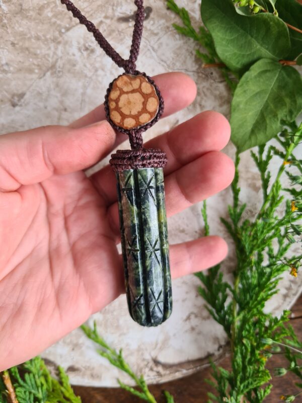 Huachuma San Pedro Cactus serpentine stone carved necklace with Ayahuasca slice - Image 3
