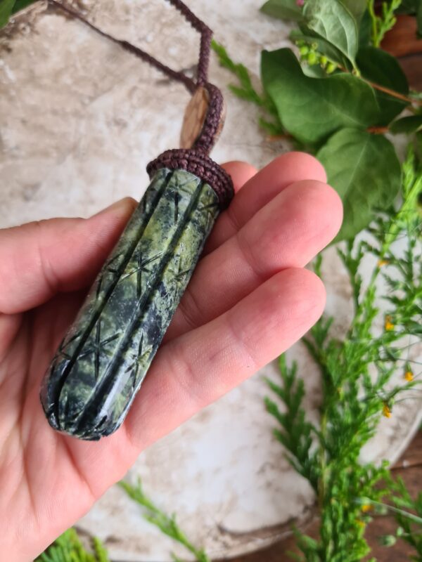 Huachuma San Pedro Cactus serpentine stone carved necklace with Ayahuasca slice - Image 2