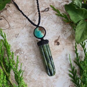 Huachuma San Pedro Cactus serpentine stone carved necklace with Chrysocolla