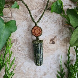 Huachuma San Pedro Cactus serpentine stone carved necklace with Ayahuasca slice