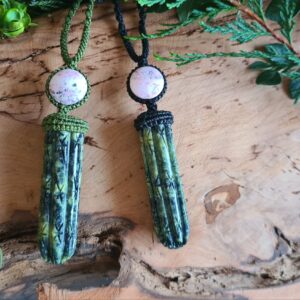 Huachuma San Pedro Cactus serpentine stone carved necklace with Rhodonite