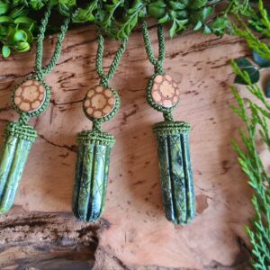 Huachuma San Pedro Cactus serpentine stone carved necklace with Ayahuasca slice