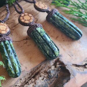 Huachuma San Pedro Cactus serpentine stone carved necklace with Ayahuasca slice